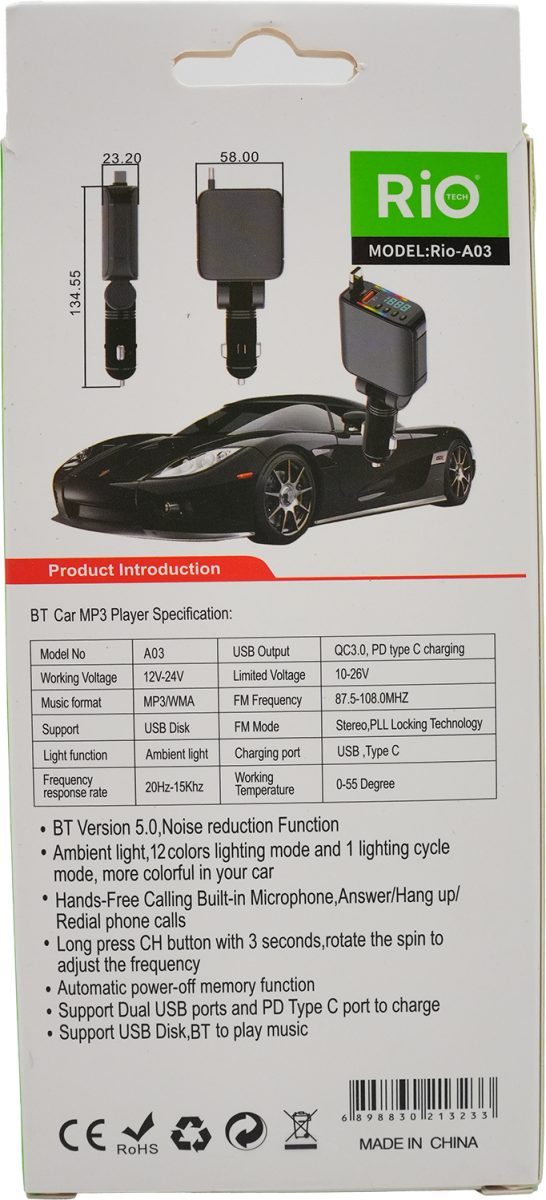 Rio Tech A03 RGB LED Jesli Araç MP3 Çalar ve FM Transmitter