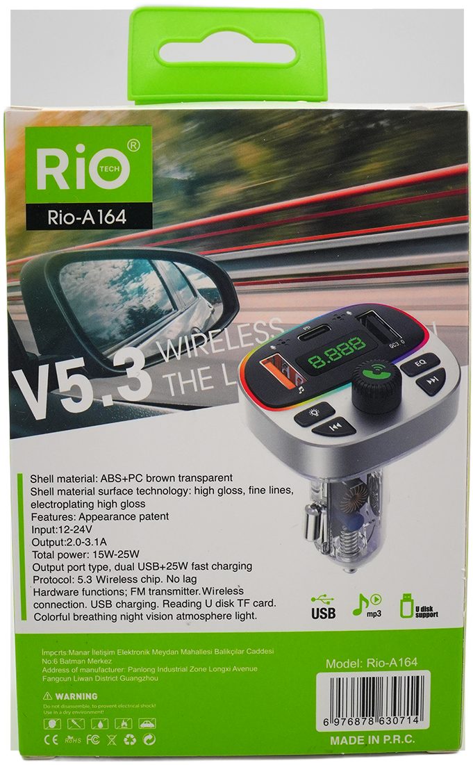 Rio Tech PD 25W QC3.0 FM Transmitter Çok Fonksiyonlu Araç Şarj Cihazı