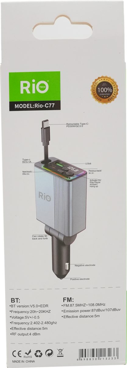 Rio Tech Rio-C77 45W Retractable Type-C Araç Şarj Cihazı