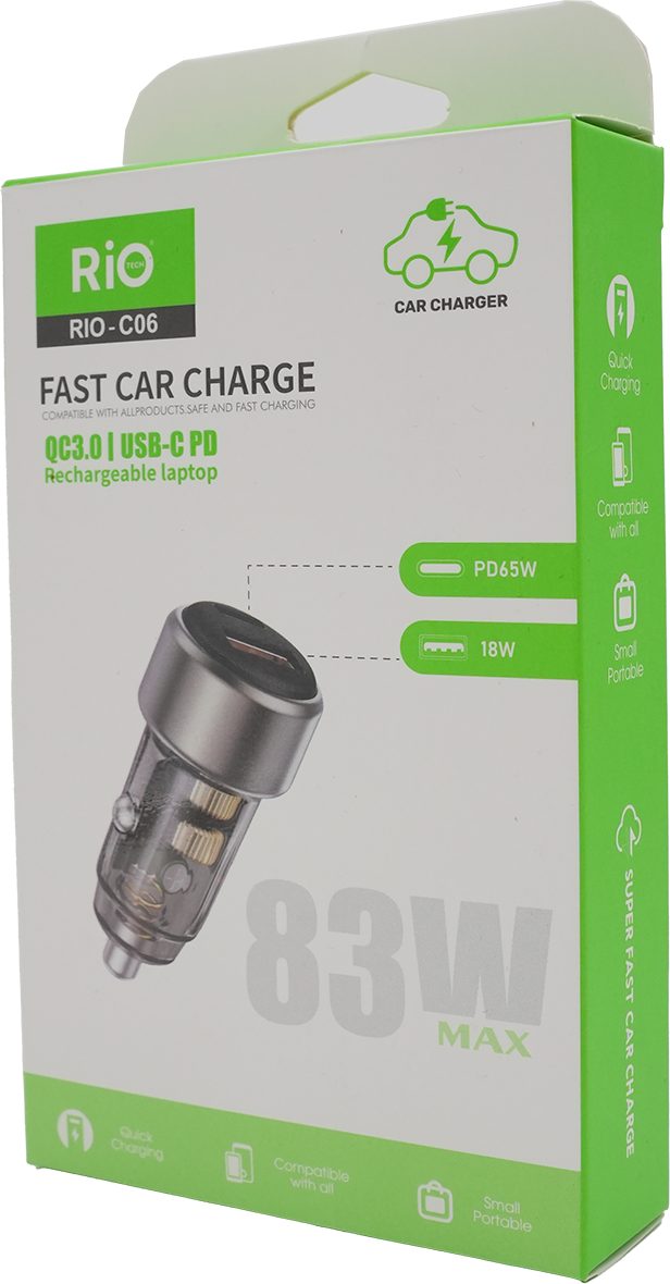 Rio Tech RIO-C06 Hızlı Araç Şarj Cihazı USB-C PD ve QC3.0 Destekli