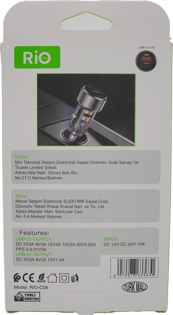 Rio Tech RIO-C06 Hızlı Araç Şarj Cihazı USB-C PD ve QC3.0 Destekli