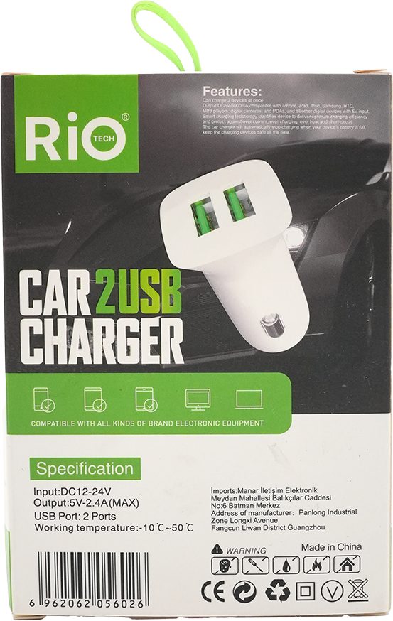 Rio Tech Çift USB Araç Şarj Cihazı 2.4A Hızlı Ve Güvenli Şarj