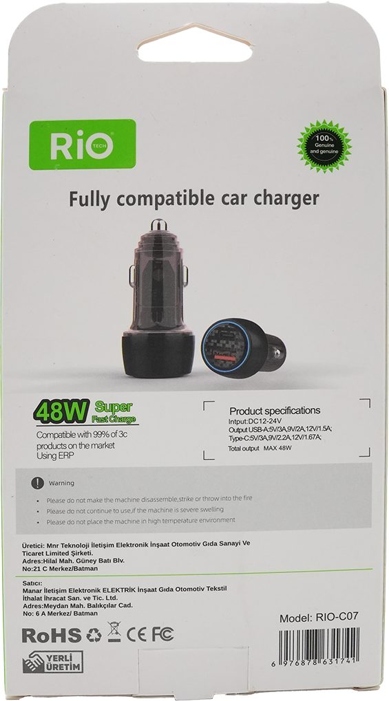 Rio Tech RIO-C07 48W Hızlı Araç Şarj Cihazı PD 3.0 QC 3.0