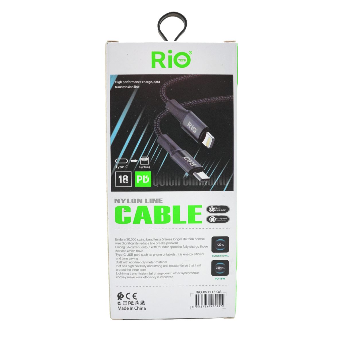 Rio Tech 3A Quick Charging USB Type-C to Lightning Data Kablosu