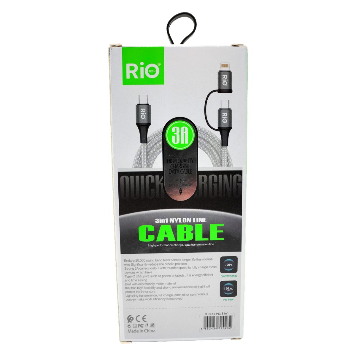 Rio Tech 3 in 1 Nylon Şarj ve Data Kablosu 3A Hızında