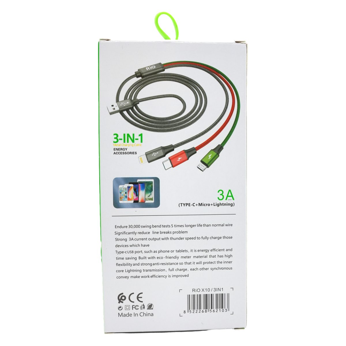 Rio 3-in-1 Metal Şarj Kablosu - Type-C, Micro USB ve Lightning Uyumlu