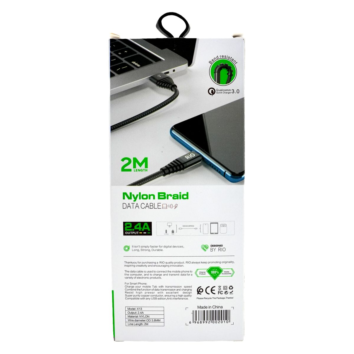 Rio Tech X13 2.4A Hızlı Şarj ve Data Kablosu 2 Metre Nylon Braid