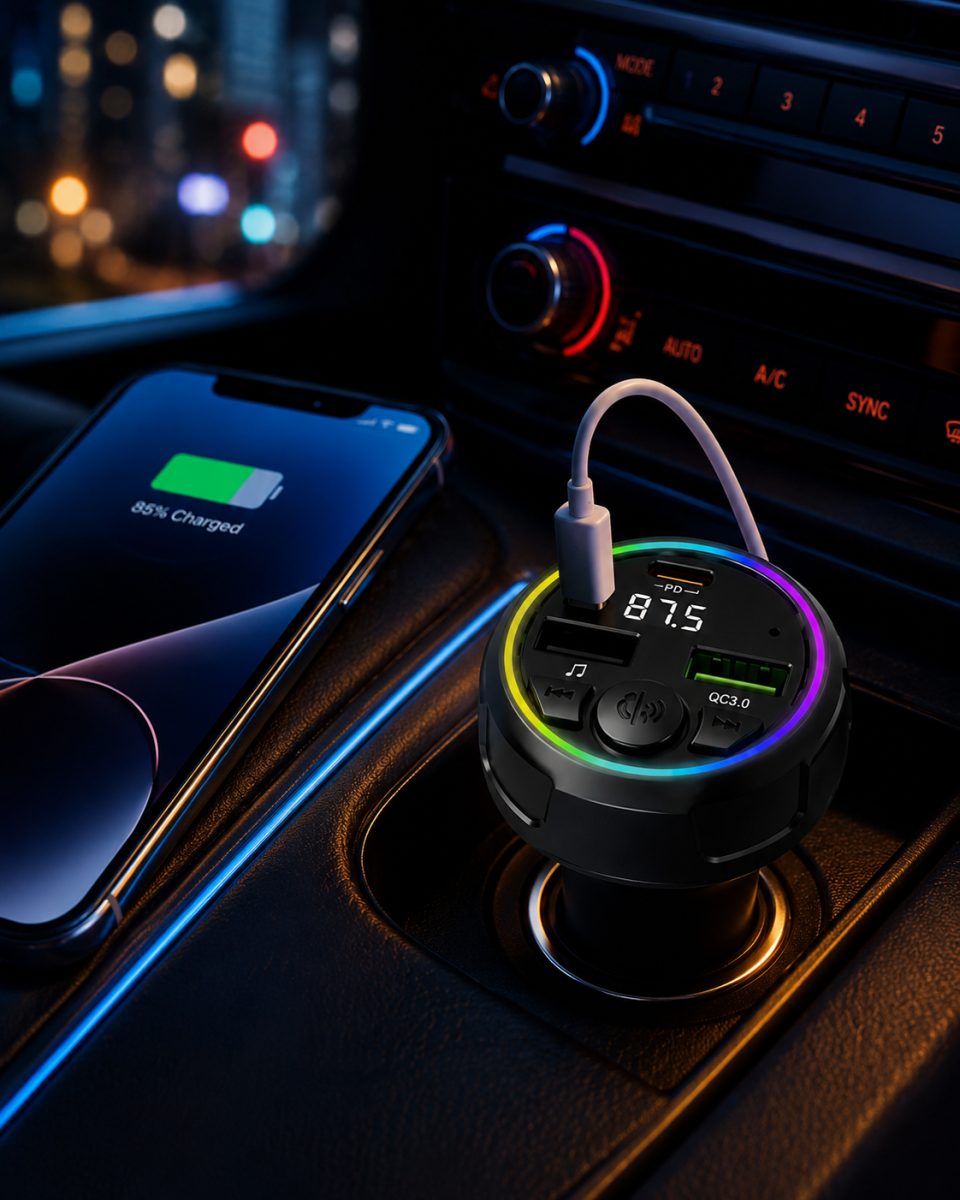 Araç FM vericisi  Bluetooth 5.0 hızlı şarj Type-C ve çift USB 48W çıkış
