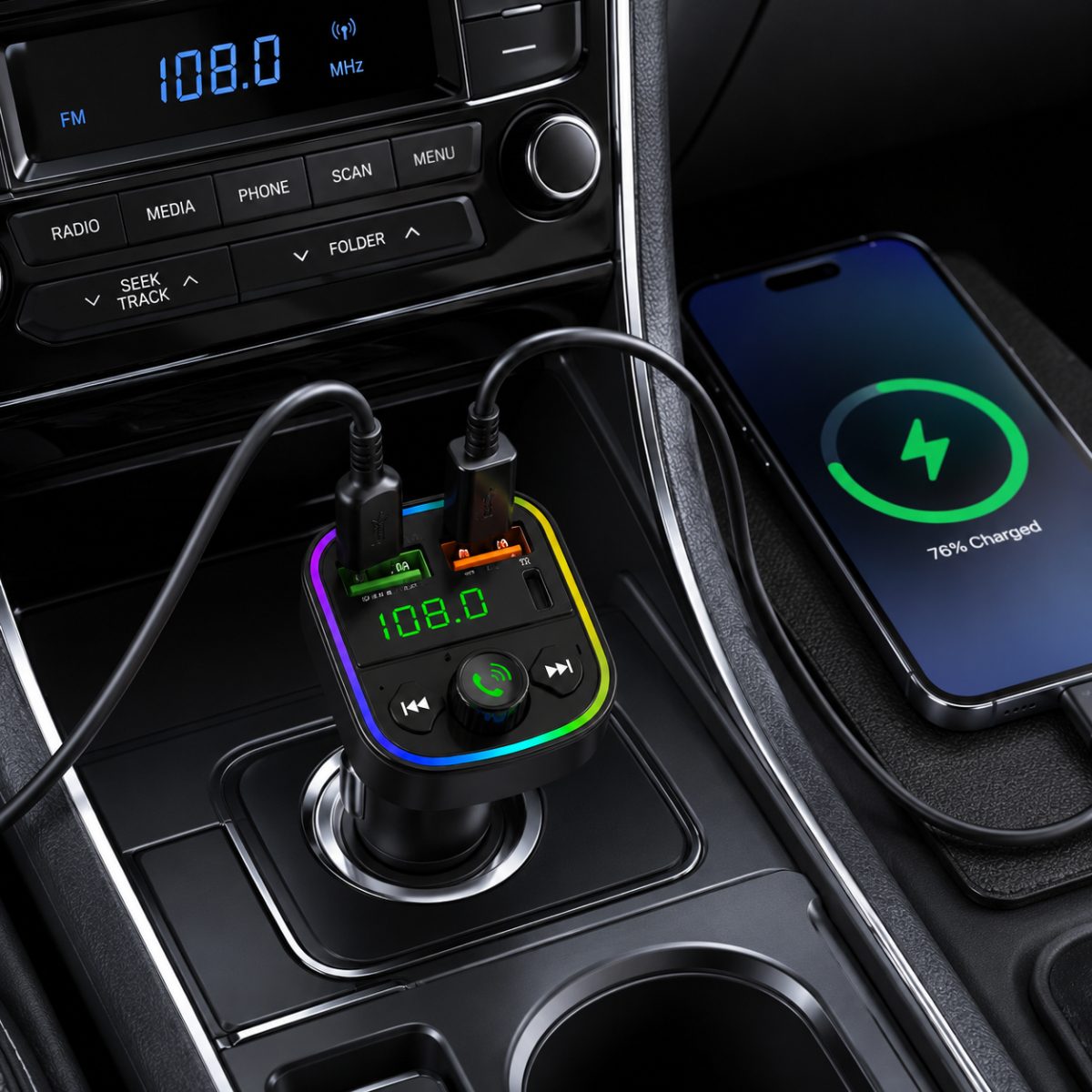 Kablosuz Araç MP3 Çalar FM Transmitter Type-C ve 2 USB Şarj Portlu
