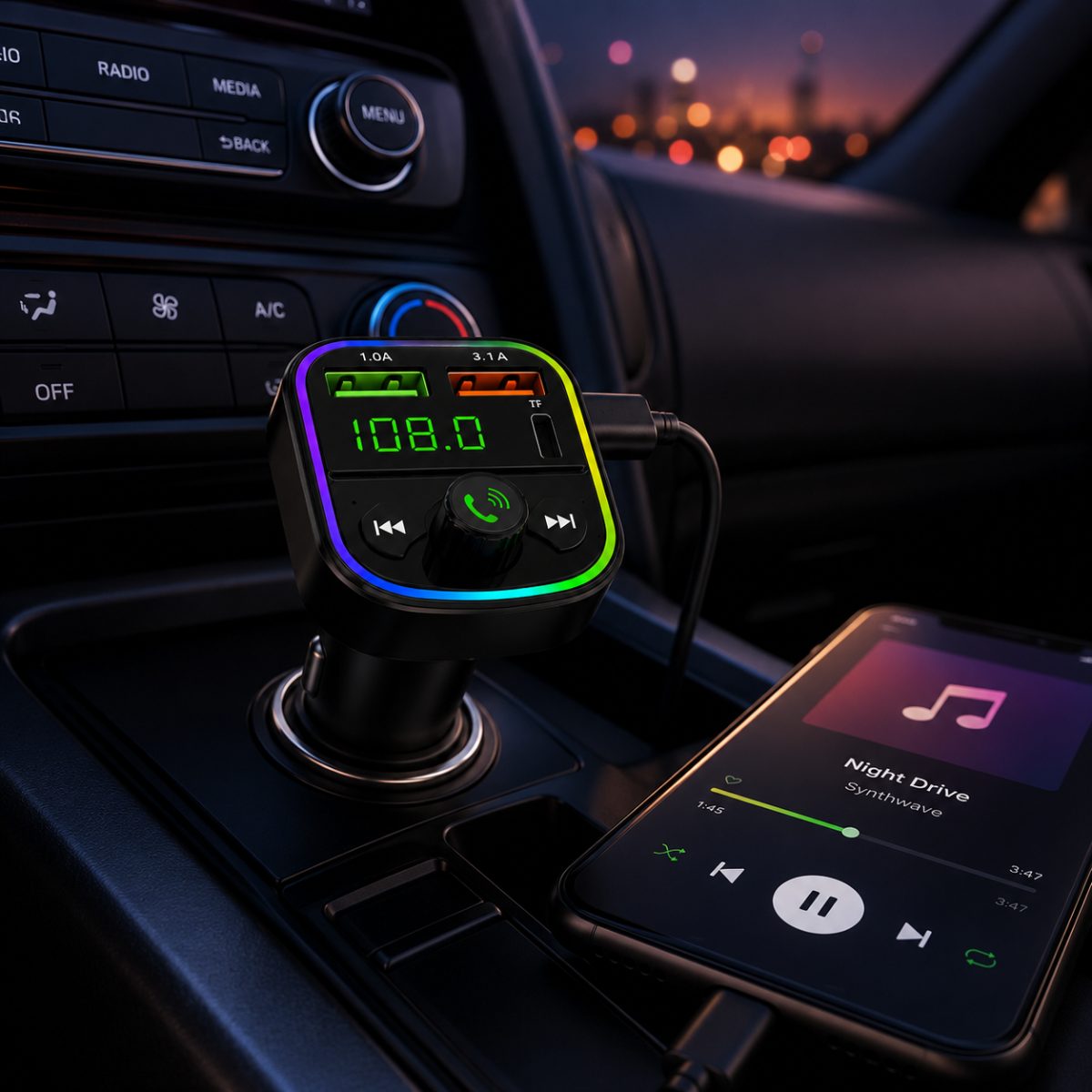 Kablosuz Araç MP3 Çalar FM Transmitter Type-C ve 2 USB Şarj Portlu