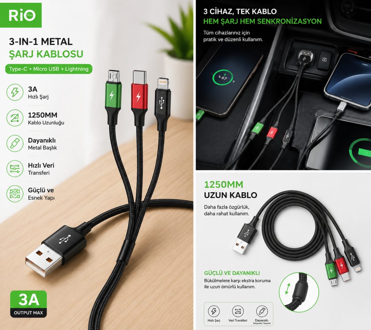3-in-1 Metal Şarj Kablosu Type-C Micro USB Lightning Uyumlu Hızlı Şarj 1,25 Metre