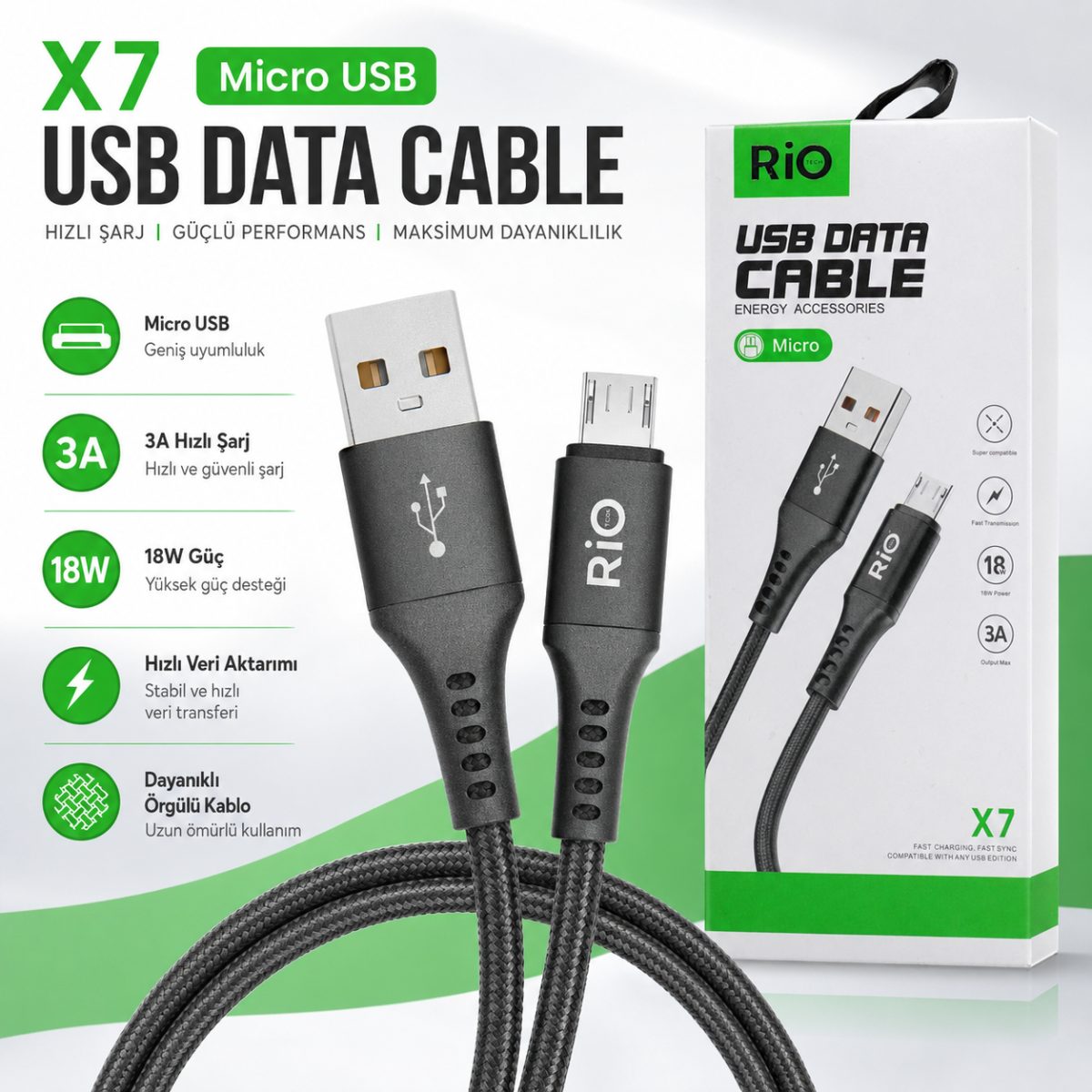 Mikro USB Data Kablosu 18W Güçlü Hızlı Şarj ve Data Transfer