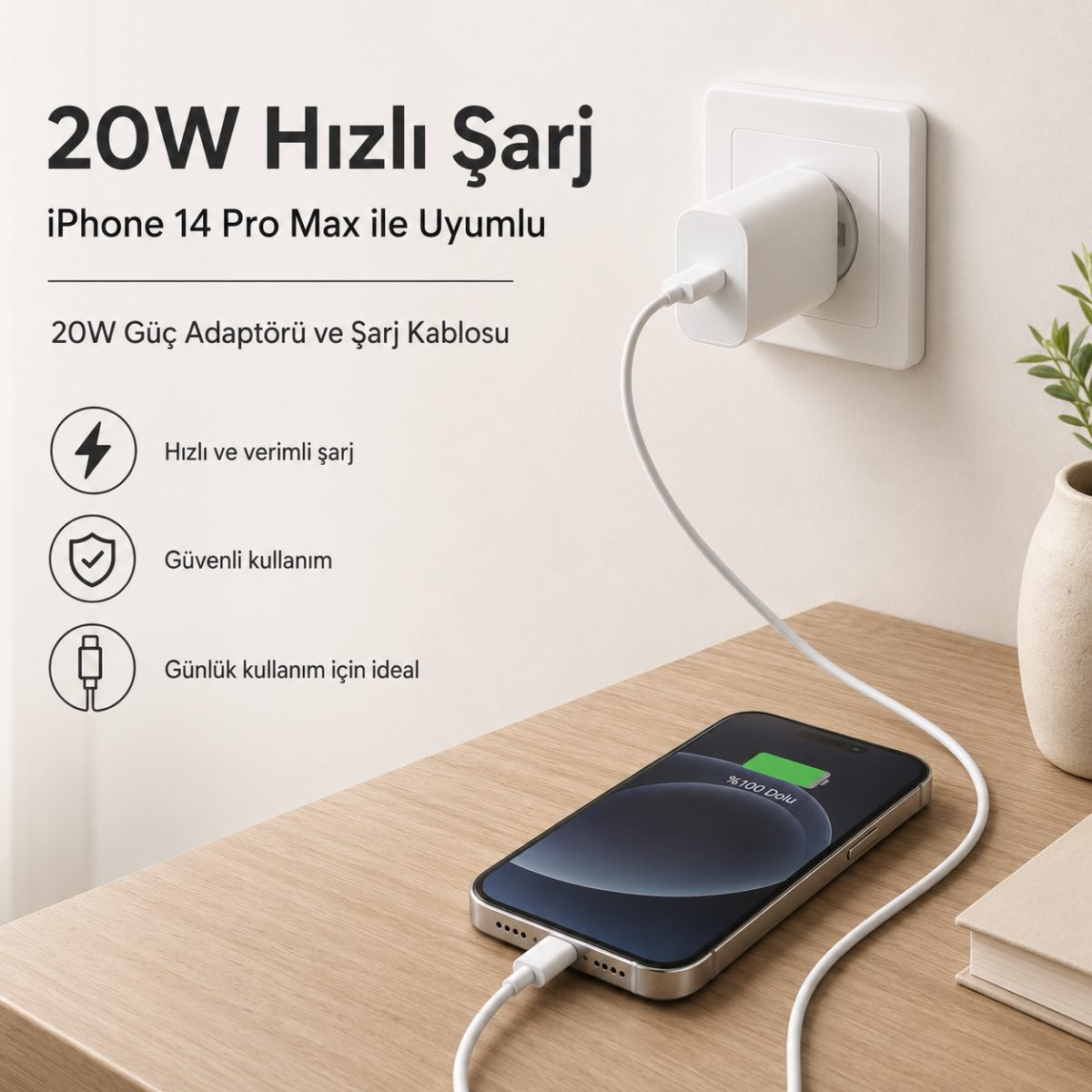 iPhone 14 Pro Max uyumlu 20W Type-C güç adaptörü ve Type-C kablo seti