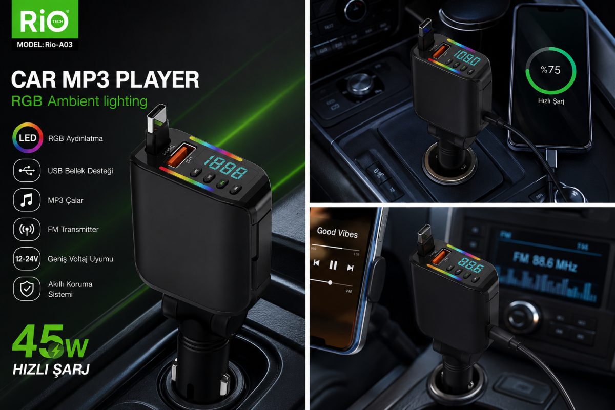 Araç MP3 Çalar FM Transmitter USB Destekli RGB LED Ambiyans Işıklı