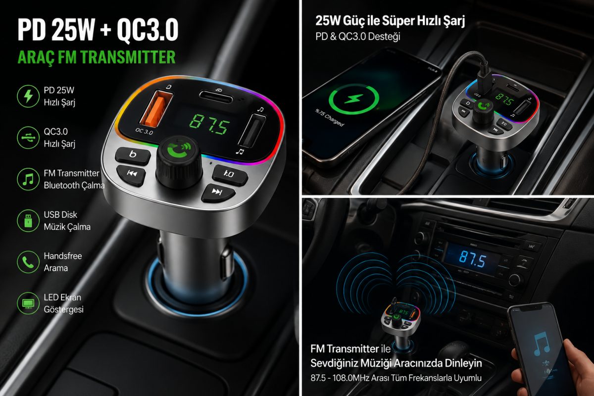 FM transmitter araç şarj cihazı  hızlı şarj ve MP3 müzik özellikli