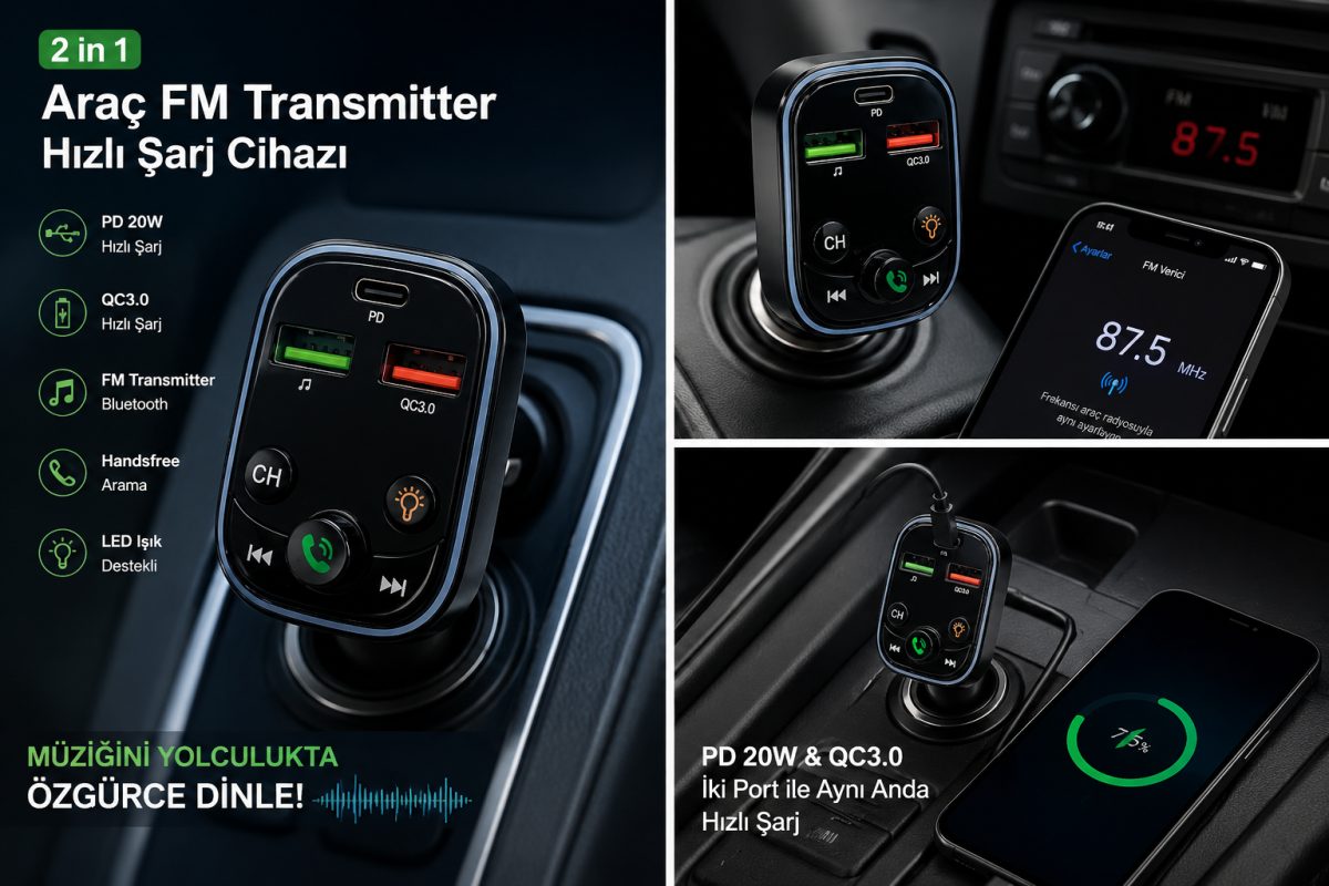 Hızlı Şarj ve Bluetooth Destekli Çok Fonksiyonlu Araç Şarj ve FM Verici