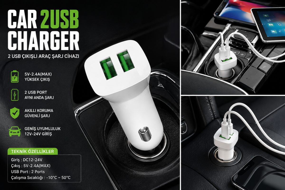 Araç için çift USB 2.4A hızlı ve güvenli şarj cihazı