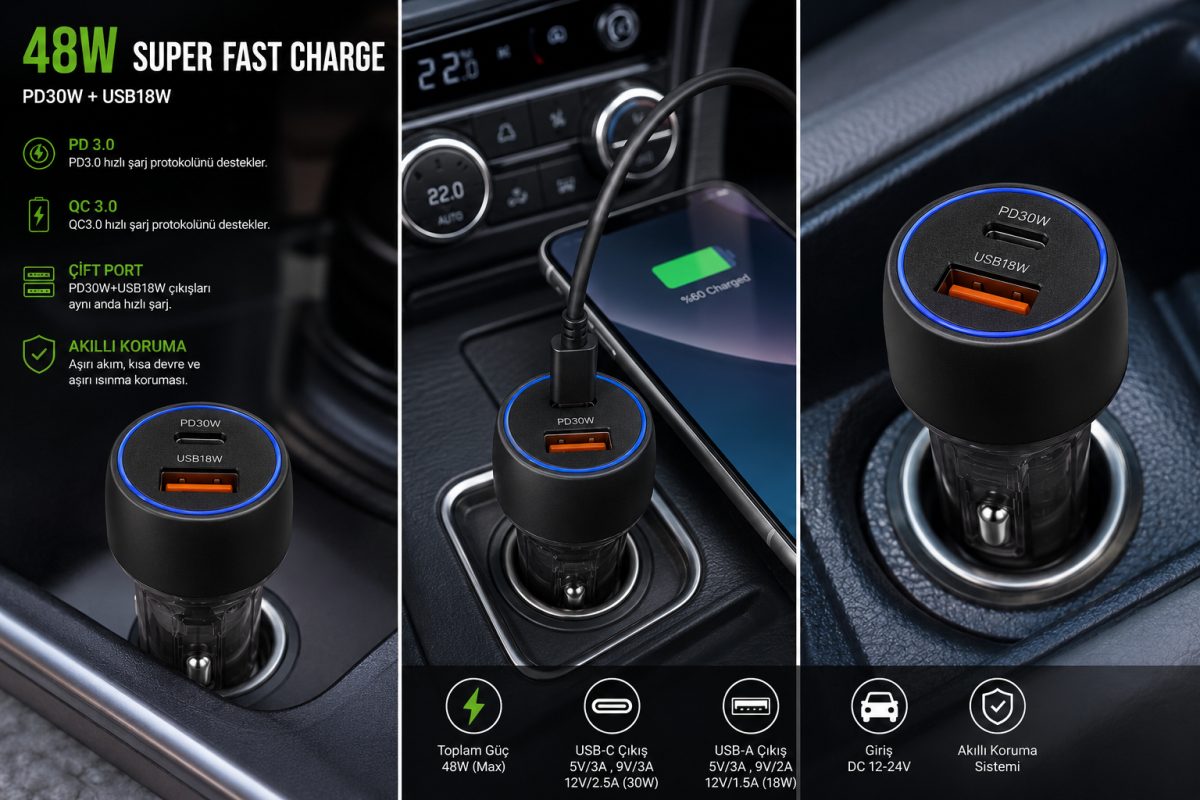 Hızlı Araç Şarj Cihazı USB VE TYPE-C GİRİŞLİ