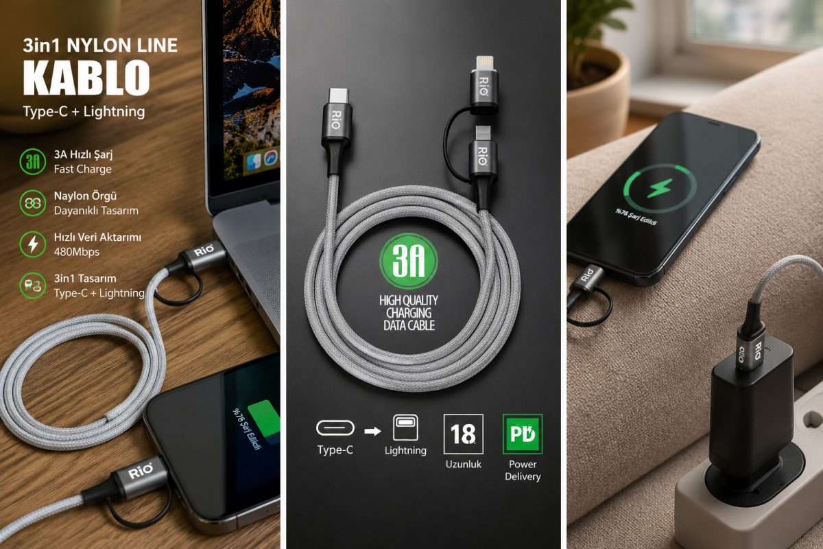 3 in 1 Şarj ve Data Kablosu Nylon Örgü Kaplama Hızlı Type-C Lightning Micro