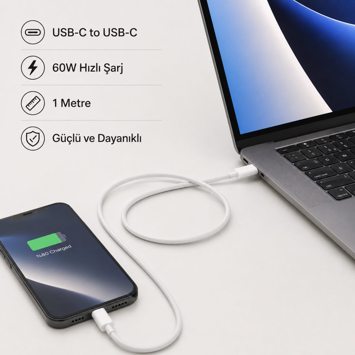 Apple USB-C Şarj Kablosu 60W 1 Metre Dayanıklı Hızlı Şarj