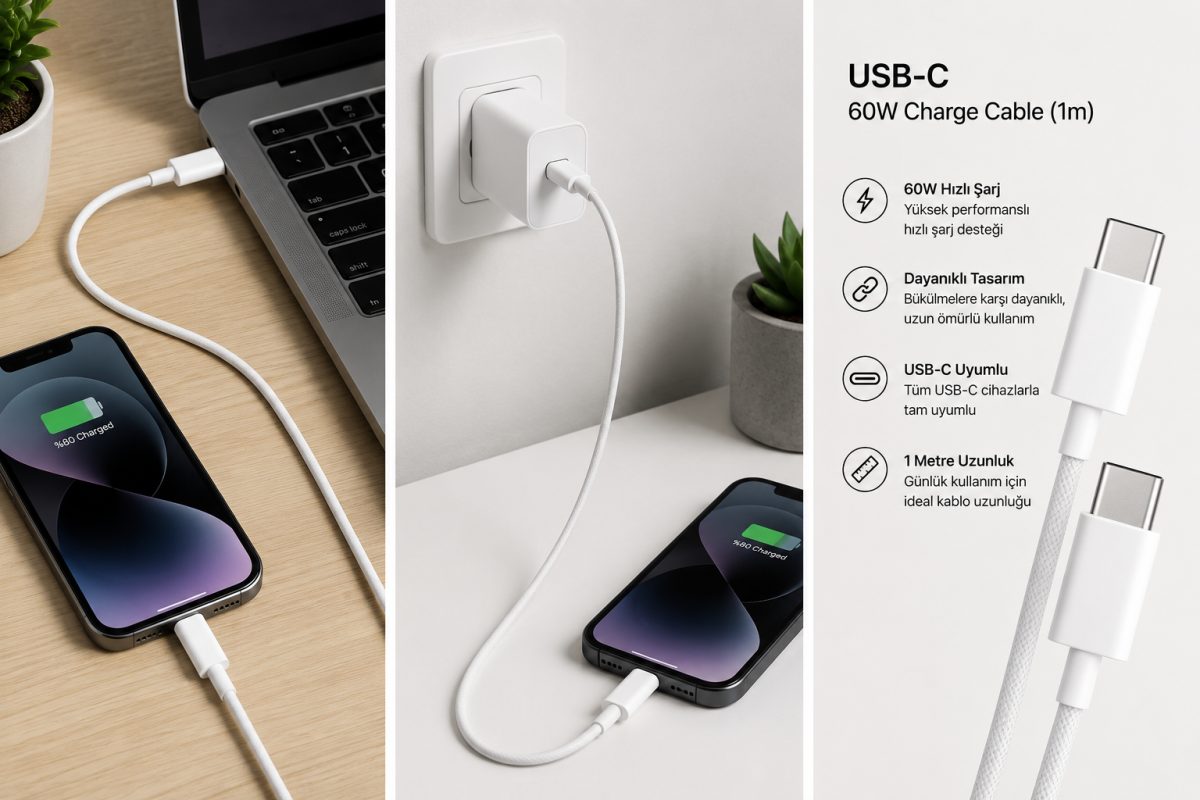 Apple USB-C Şarj Kablosu 60W 1 Metre Dayanıklı Hızlı Şarj