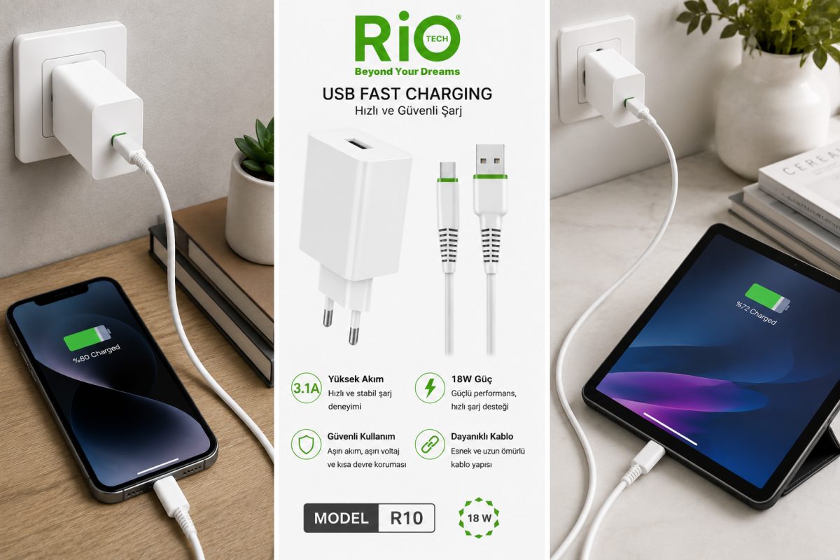 USB şarj adaptörü ve kablo hızlı şarj destekli