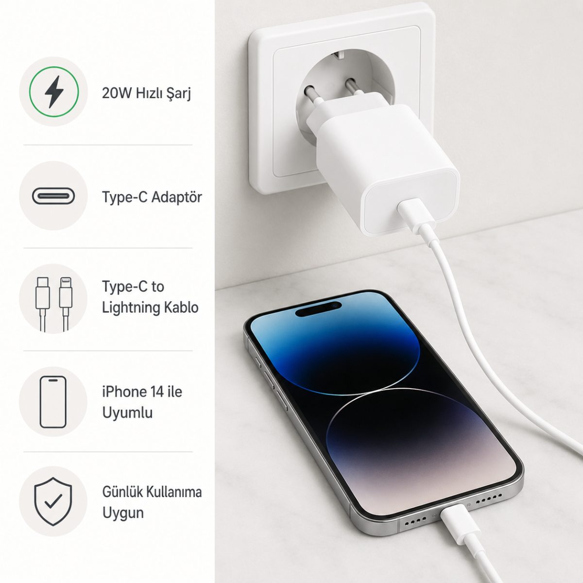 Type-C 20W hızlı şarj adaptörü ve iPhone 14 Pro Max uyumlu Type-C kablo seti