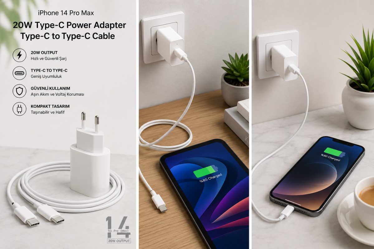 Type-C 20W hızlı şarj adaptörü ve iPhone 14 Pro Max uyumlu Type-C kablo seti