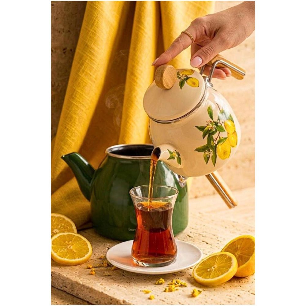 Bambum Unique Bambu Kulplu Emaye Çaydanlık Takımı Limon