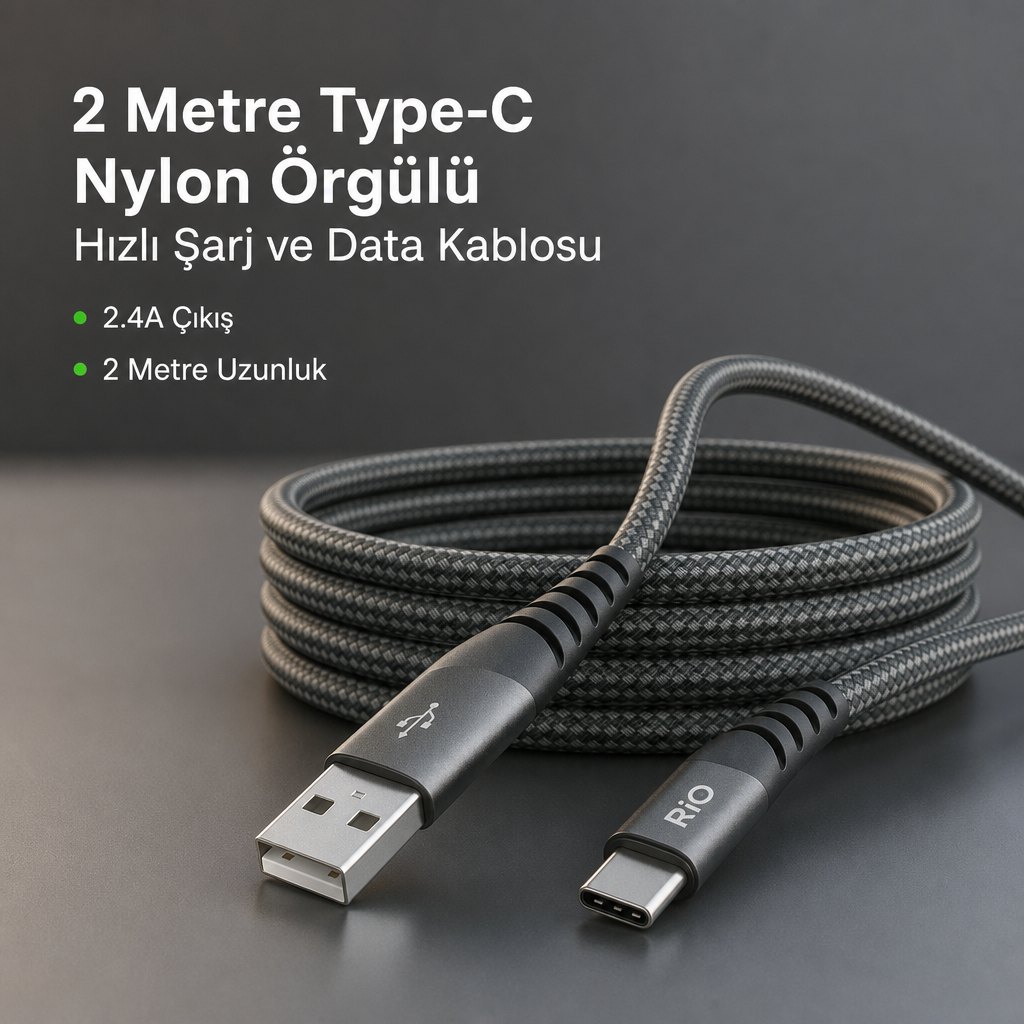 2 Metre Type-C Nylon Örgülü Hızlı Şarj ve Data Kablosu