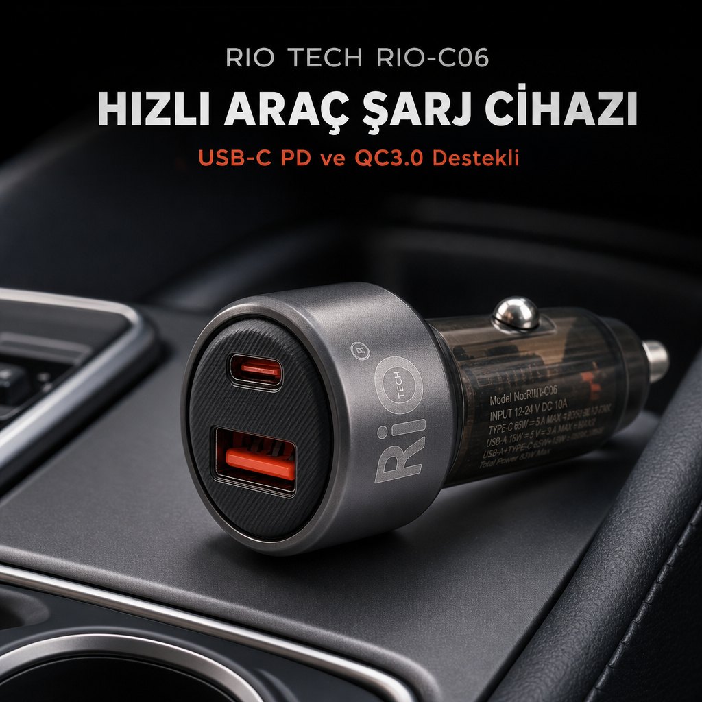 Rio Tech RIO-C06 Hızlı Araç Şarj Cihazı USB-C PD ve QC3.0 Destekli