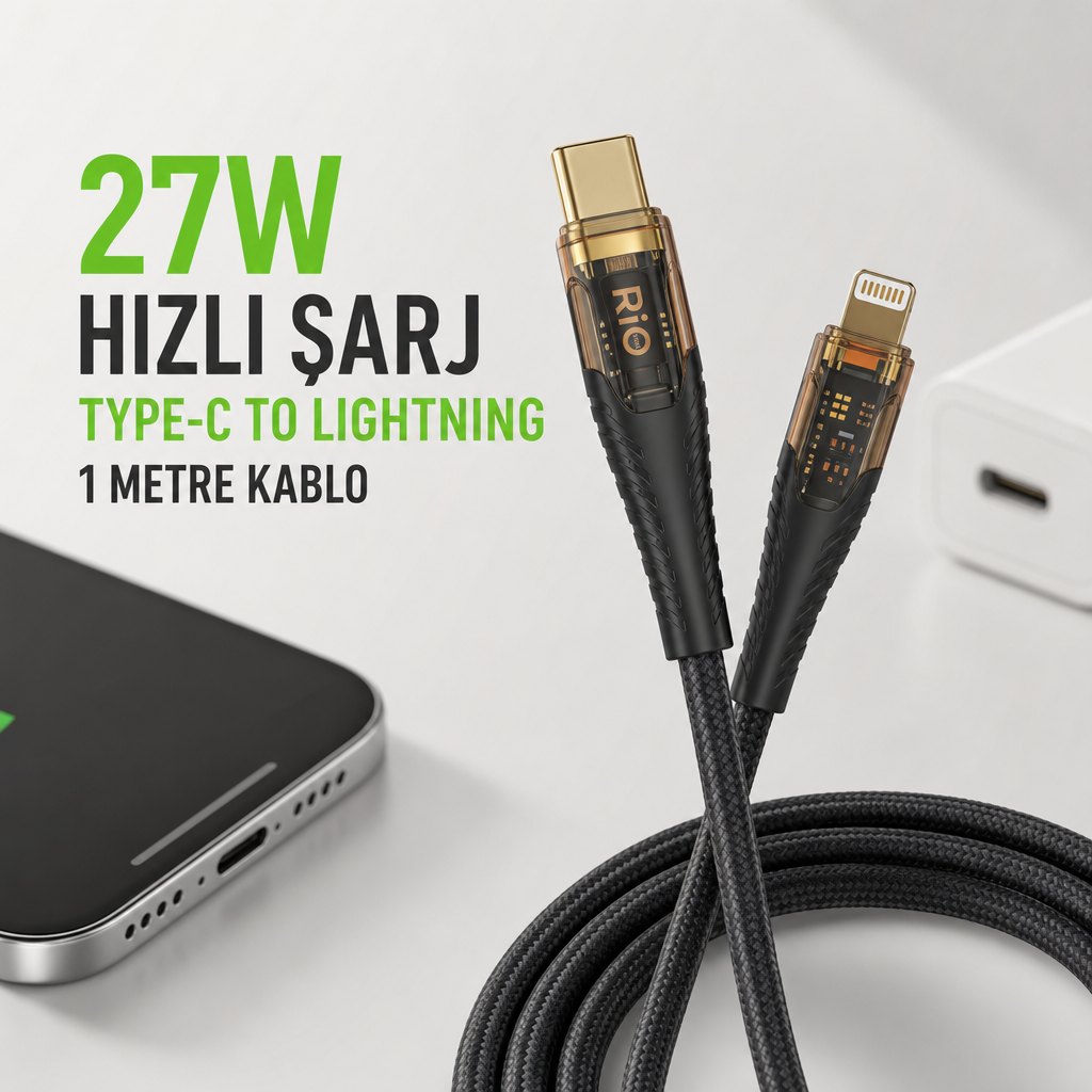 1 Metre Type-C to Lightning Kablosu 27W Hızlı Şarj ve LED Göstergeli