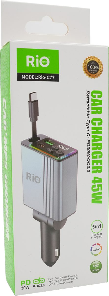 Rio Tech Rio-C77 45W Retractable Type-C Araç Şarj Cihazı