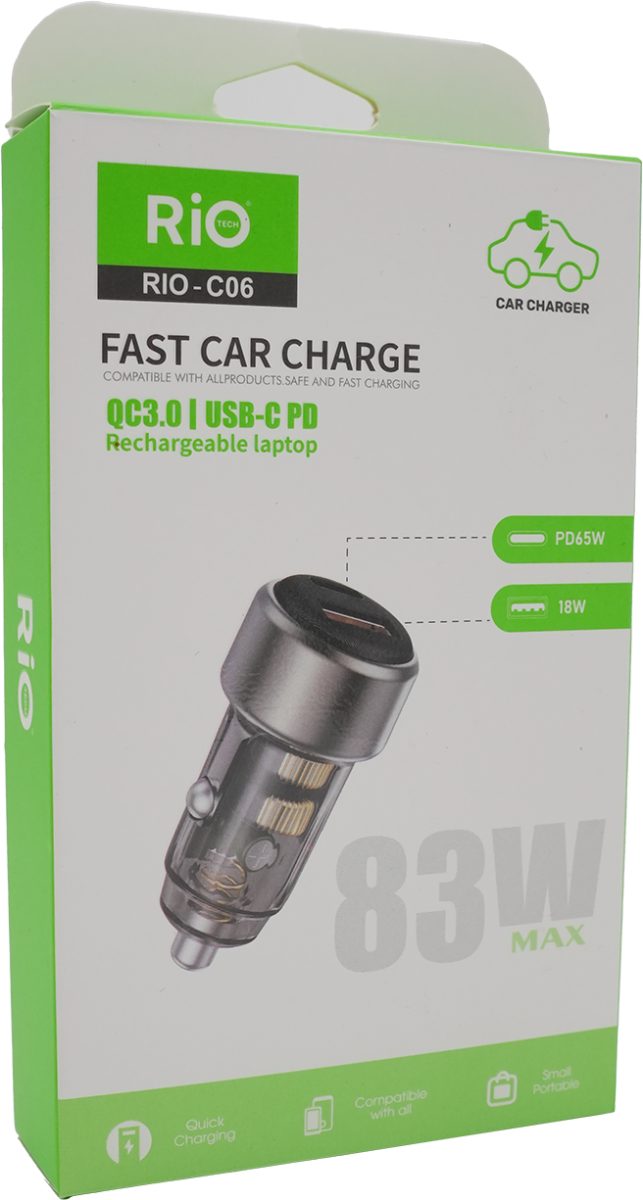 Rio Tech RIO-C06 Hızlı Araç Şarj Cihazı USB-C PD ve QC3.0 Destekli
