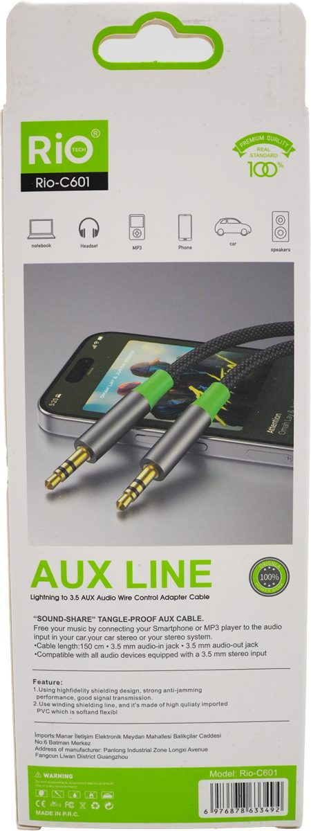 Rio Tech Rio-C601 Lightning to 3.5mm AUX Ses Kablosu - Tangle Proof, Yüksek Koruma
