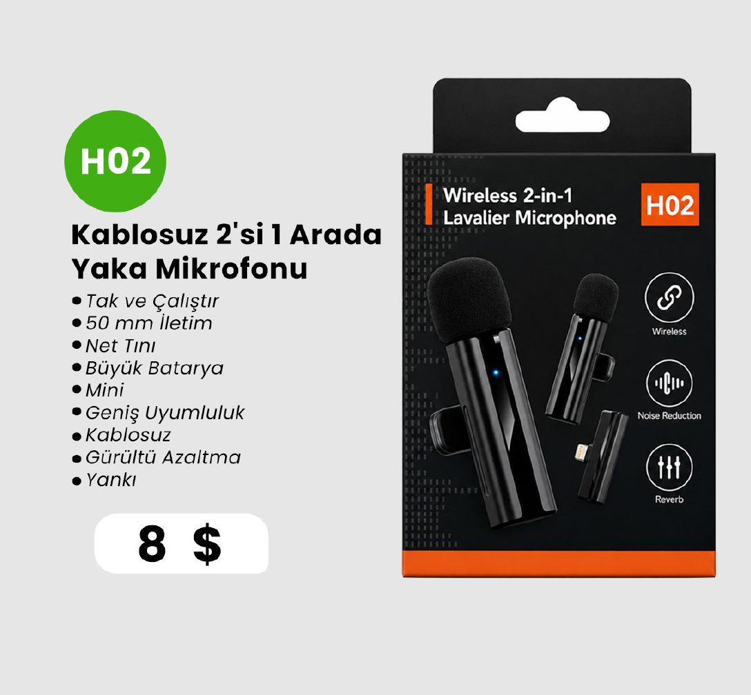 Kablosuz 2'si 1 Arada Yaka Mikrofonu H02 - Net Ses, Geniş Uyumluluk