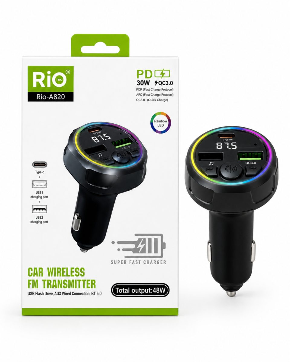 Araç FM vericisi Bluetooth 5.0 hızlı şarj Type-C ve çift USB 48W çıkış