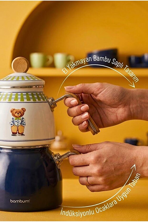 Bambum Unique Bambu Kulplu Emaye Çaydanlık Takımı Teddy